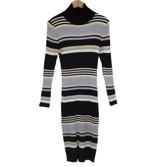 Y2K Ribbed Turtleneck Sweater Dress Women’s Size XL Black Blue Tan Almost Famous - Picture 1 of 10